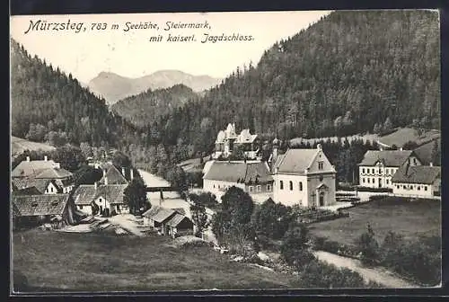 AK Mürzsteg, Teilansicht mit kaiserl. Jagdschloss, Fluss mit Brücke
