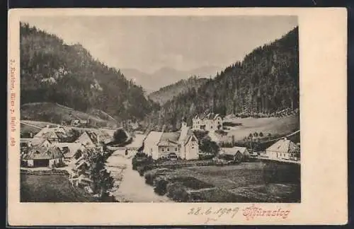 AK Mürzsteg, Ortsansicht mit Wald und Bergen