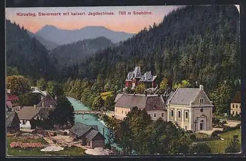 AK Mürzsteg /Steiermark, kaiserliches Jagschloss mit Fluss