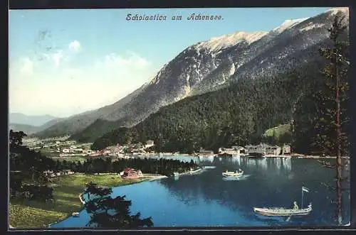AK Scholastika am Achensee, Seepartie mit Ruderbooten und Bergpanorama