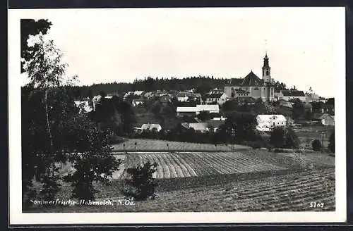 AK Hoheneich, Blick über die Felder zum Ort hin mit der Pfarr- u. Wallfahrtskirche Unbefleckte Empfängnis