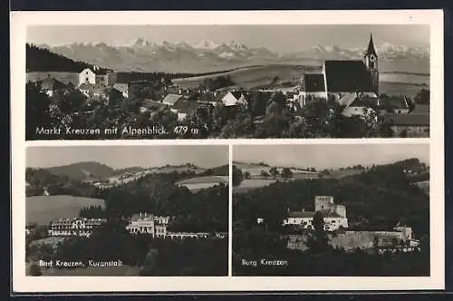 AK Bad Kreuzen, Ortsansicht mit Alpenblick, Kuranstalt und Burg