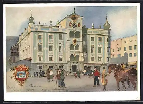Künstler-AK Gmunden /Oberdonau, Rathaus mit Strassenpartie, Wappen