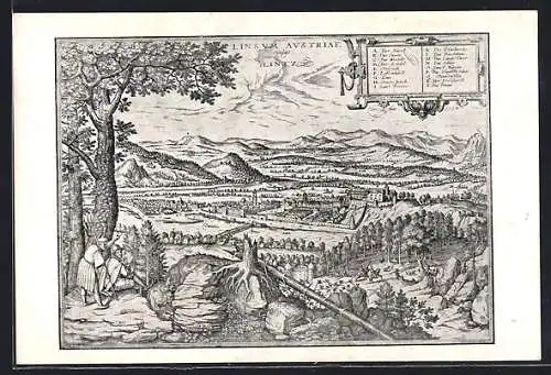 Künstler-AK Linz, Teilansicht mit Schloss, Pfarrkirche und Landestor im Jahre1594