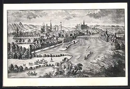 Künstler-AK Linz, Teilansicht mit Schloss Mitte des 18. Jahrhunderts