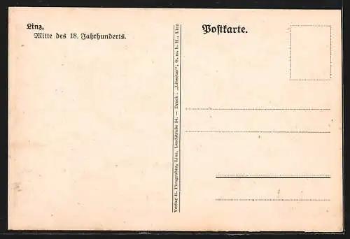 Künstler-AK Linz, Teilansicht mit Schloss Mitte des 18. Jahrhunderts