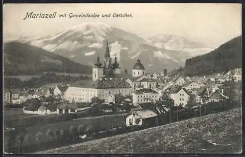 AK Mariazell, Teilansicht mit Kirche, Gemeindealpe und Oetscher