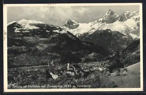 AK Schruns im Montafon, Teilansicht mit Kirche und Zimbaspitze
