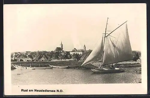 AK Rust am Neusiedlersee, Uferpartie mit Kirche und Segelboot