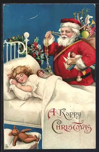 AK Weihnachtsmann mit Geschenken bei Mädchen am Bett, Weihnachtsgruss