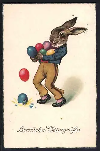 Künstler-AK Osterhase mit dem Arm voller Eier