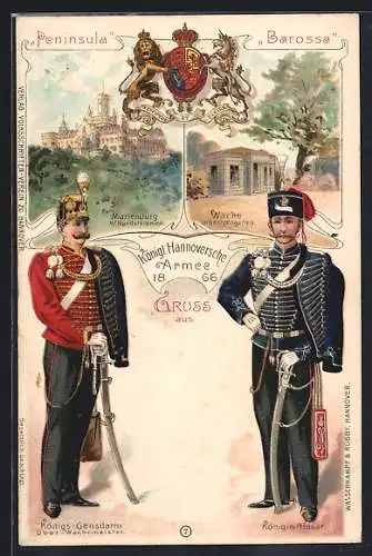 Lithographie Marienburg bei Nordstemmen, Kgl. Hannoversche Armee 1866, Königs-Gendarm und Königin-Husar