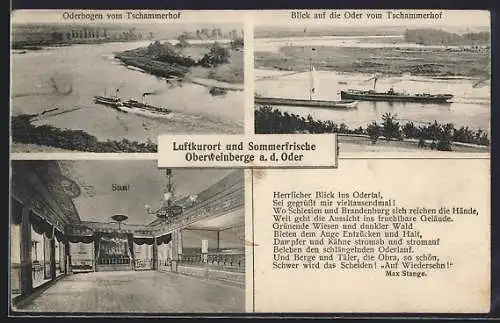 AK Oberweinberge a. d. Oder, Restaurant Tschammerhof, Saal, Oder mit Dampfer