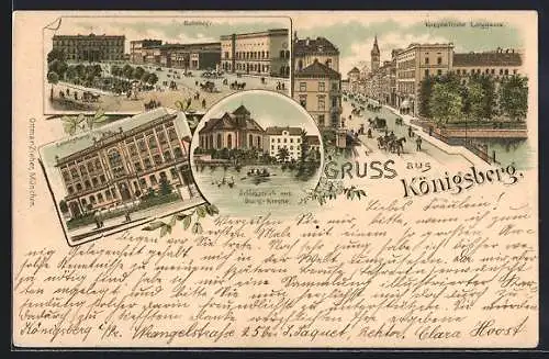 Lithographie Königsberg, Bahnhöfe, Landeshaus, Schlossteich mit Burg-Kirche