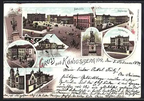 Lithographie Königsberg i. Pr., Bahnhöfe, Regierung, Landeshaus, Schloss-Hauptwache