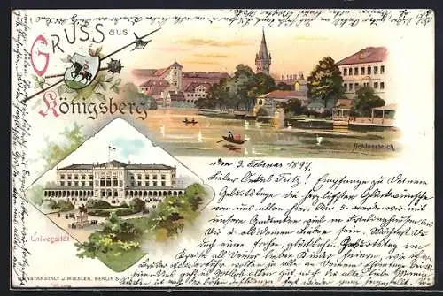 Lithographie Königsberg, Universität, Schlossteich