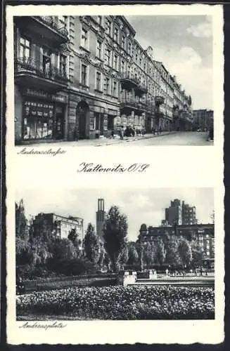 AK Kattowitz, Andreasstrasse, Kolonialwarengeschäft, Andreasplatz