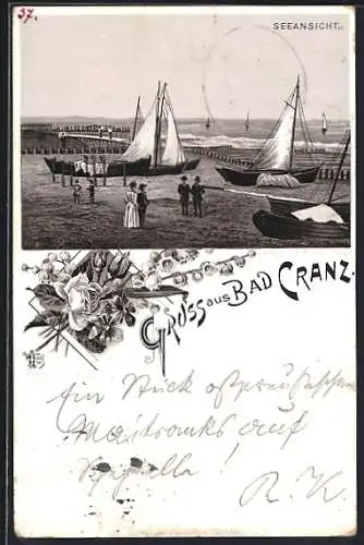 Lithographie Bad Cranz, Seeansicht mit Segelbooten