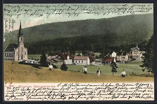 AK Herrenwies, Bauern im Feld am Ortsrand, Kirche
