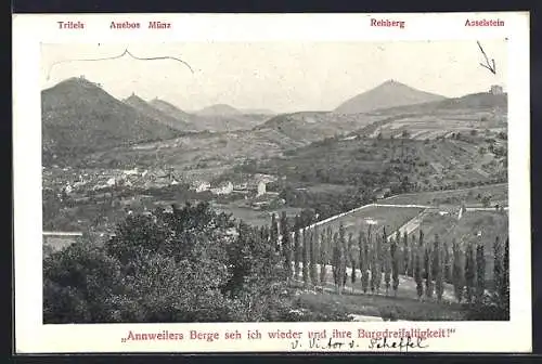 AK Annweiler, Ortsansicht mit Trifels, Anebos, Münz und Rehberg