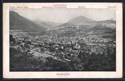 AK Annweiler, Ortsansicht mit Trifeld, Rehberg und Asselstein