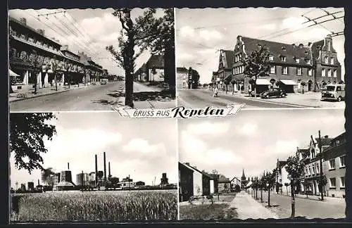 AK Repelen, Strassenpartien mit Geschäften und Autos, Fabrik