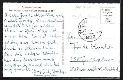 AK Gunzenhausen, Bahnhofstrasse und Gemeinschaftshaus Silo mit Autos, VW Käfer