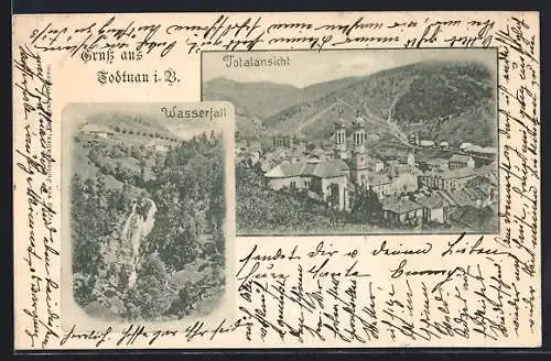 AK Todtnau i. B., Totalansicht mit Kirche, Wasserfall