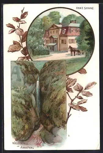 Lithographie Eisenach, Gasthaus Hohe Sonne, Wasserfall im Annathal