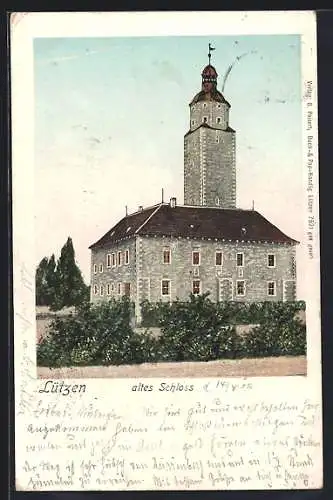 Goldfenster-AK Lützen, Altes Schloss mit leuchtenden Fenstern