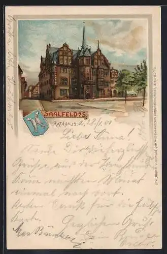Lithographie Saalfeld a. S., Rathaus mit Strassenpartie, Wappen
