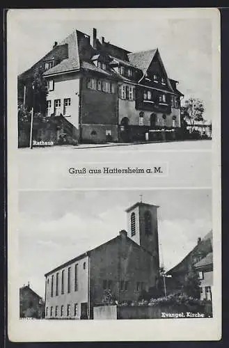 AK Hattersheim a. M., Rathaus, Evangelische Kirche