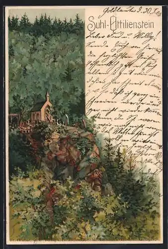 Lithographie Suhl, Ottilienstein mit Kapelle