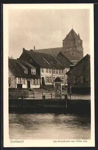 AK Greifswald, die Marienkirche vom Hafen aus