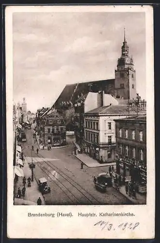 AK Brandenburg /Havel, Hauptstrasse mit Katharinenkirche und Strassenbahn