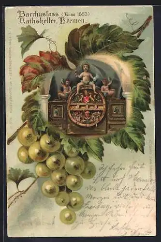 Passepartout-Lithographie Bremen, Gasthaus Rathskeller, Bacchusfass auf Weinblatt