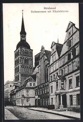 AK Stralsund, Badenstrasse mit St. Nikolaikirche