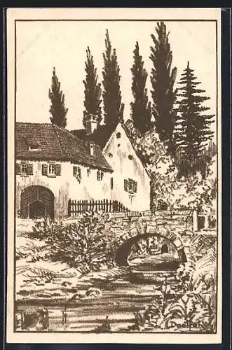 Künstler-AK Sickershausen, Uferpartie mit Brücke