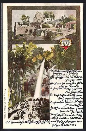 AK Urach, Ruine der Burg Hohenurach, Wasserfall, Wappen