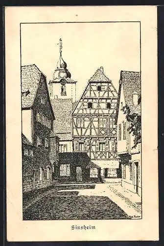 Künstler-AK Sinsheim, Strassenpartie mit Fachwerkhaus