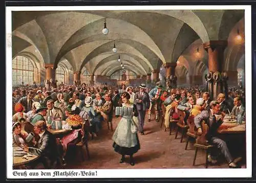 Künstler-AK München, Gasthaus Mathäser-Bräu, Gastraum