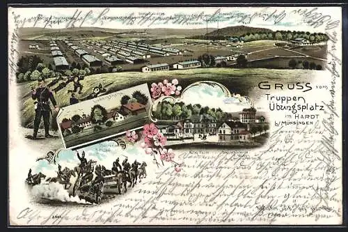 Lithographie Münsingen, Batterie im Galopp, Barackenlager, Ludwigshöhe, Dampfbäckerei G. Müller, Hotel Fezer