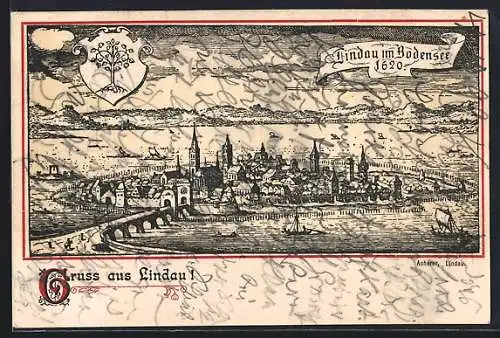 Lithographie Lindau im Bodensee, Ortsansicht 1620