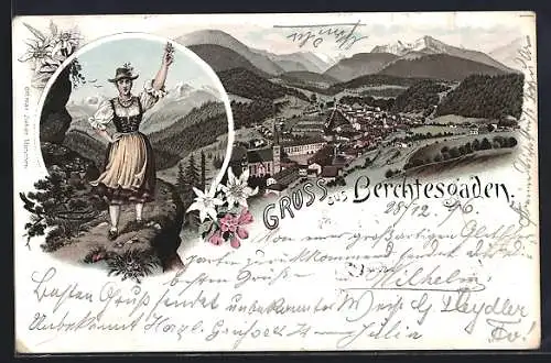 Lithographie Berchtesgaden, Panoramablick auf den Ort, Berchtesgadenerin in Tracht