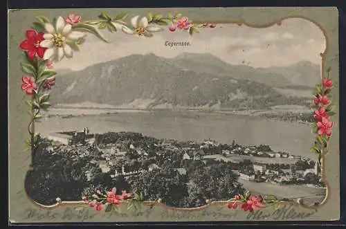 AK Tegernsee, Teilansicht mit Kloster, Edelweiss, Passepartout