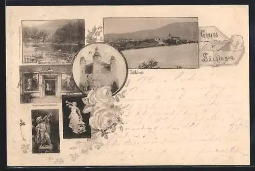 AK Säckingen, Speisesaal im Gasthaus Margarethenlaube, Schloss, Bergsee mit Scheffelfelsen