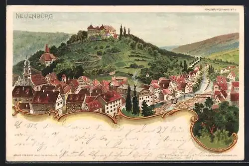 Lithographie Neuenbürg / Württ., Totalansicht mit Schloss