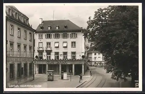 AK Lörrach, Strasse mit Cafe Binoth