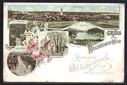 Lithographie Welzheim, Unter den Linden mit Kirche, Wasserfall, Wilhelmstrasse, Neujahrsgruss