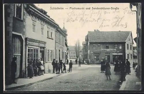 AK Schlotheim, Flachsmarkt und Sondershäuser-Strasse mit Geschäften
